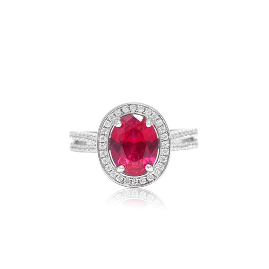 Red Stone Oval Halo Ring