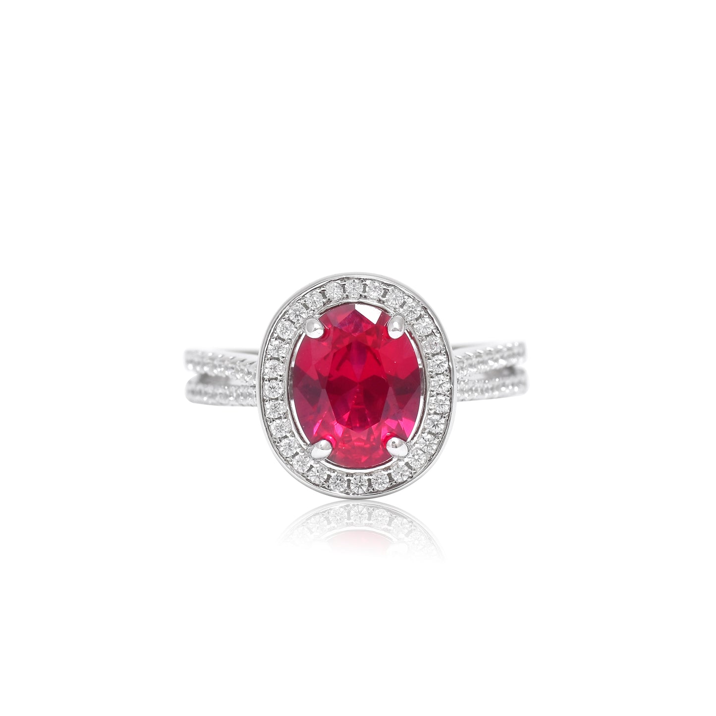 Red Stone Oval Halo Ring
