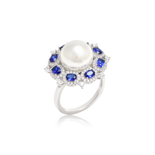 Vintage Pearl Sapphire Cocktail Ring in Sterling Silver