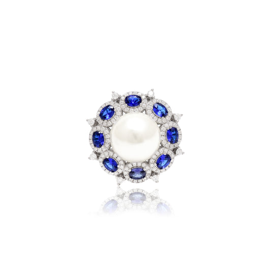 Vintage Pearl Sapphire Cocktail Ring in Sterling Silver